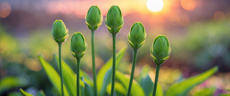 AI Generated. Bright green flower buds stand tall in a vibrant garden at sunset with blurred backgrounds enhancing the natural beautyの素材
