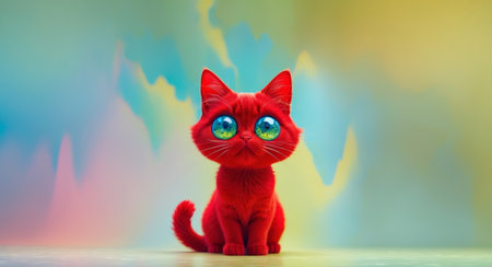 AI Generated. Bright red cartoon cat with large eyes sits on a colorful backgroundの素材