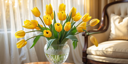 AI Generated. Bright yellow tulips in a vase showcasing elegance and freshness in a cozy indoor settingの素材