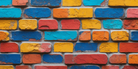 AI Generated. Brightly colored brick texture showcasing vibrant hues and flat shading in a structured layoutの素材