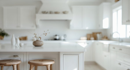 AI Generated. Bright Kitchen Island with White Cabinets and Wooden Stoolsの素材
