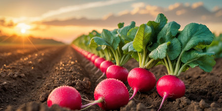 AI Generated. Bright Red Radishes Growing in Plowed Field Rows at Sunsetの素材