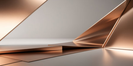 AI Generated. Bronze metallic panels intersecting diagonally creating an abstract modern background with highlightsの素材