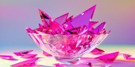 AI Generated. Bright pink crystal shards in a glass bowl with reflection on a colorful gradient background Copy Spaceの素材