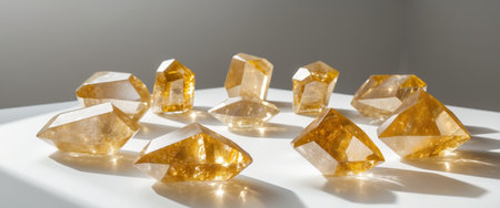AI Generated. Bright golden and clear crystal stones arranged on a smooth surface showcasing natural beauty and textureの素材
