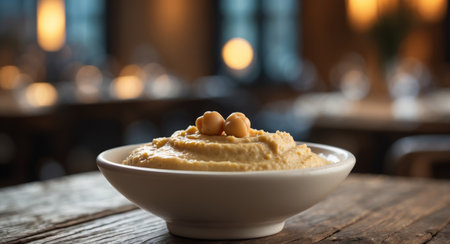 AI Generated. close up hummus in a bowl with chickpea on a dinner table wallpaper restaurant aperitifの素材
