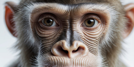 AI Generated. Close up of monkey face showing wrinkles and brown eyes staring intenselyの素材