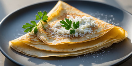 AI Generated. Close up of Delicious Crepes on a Black Plate with Cheese and Parsley Garnishの素材