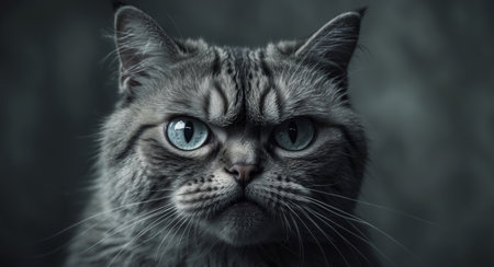 AI Generated. Close up of ugly angry looking cat with large eyes and sparse fur on dark backgroundの素材