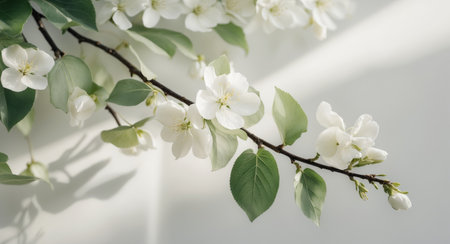 AI Generated. close up of white blossoms on a branch with leavesの素材