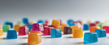 AI Generated. Colorful Glazed Cubes of Chewy Candy on White Surface for Sweet Treatsの素材