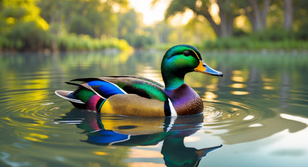 AI Generated. Colorful duck floats on calm water with ripples in a serene natural settingの素材