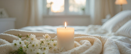 AI Generated. Cozy bedroom scene featuring a lit candle on a blanket with flowers and natural light in the backgroundの素材