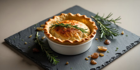 AI Generated. Contemporary Rustic Cuisine Artisanal Pot Pie with Flaky Crust on Slate - Gourmet Food Styling for Culinary and Hospitality Promotionsの素材
