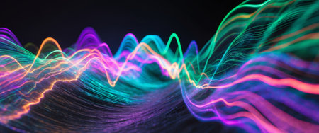 AI Generated. Colorful waves of light create an abstract and energetic visual display in the darkの素材