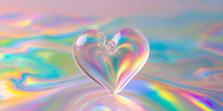 AI Generated. Glass heart on iridescent surface with colorful backgroundの素材