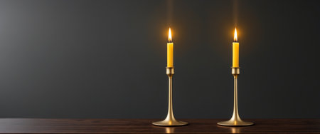 AI Generated. Golden Candlesticks with Yellow Candles on Dark Wooden Backgroundの素材