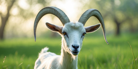AI Generated. Goat with distinctive long horns and friendly expression in a lush green pasture during daylight hoursの素材