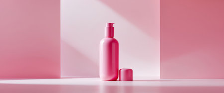 AI Generated. Glossy Pink Bottle with Pump Cap on Soft Pink Backgroundの素材