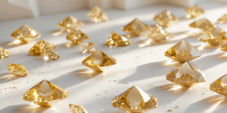 AI Generated. Golden crystals with sparkling glitters forming an abstract textured backgroundの素材