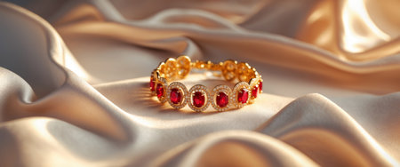 AI Generated. Gold Jewelry Set with Red Gemstones Sparkles Beautifully on Fabric in Warm Lightの素材