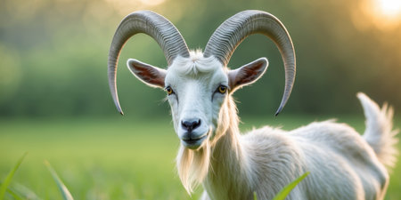 AI Generated. Goat with distinctive long horns and friendly expression in a lush green pasture during daylight hoursの素材