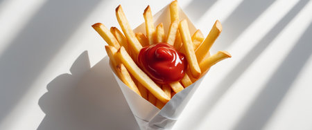 AI Generated. Golden French Fries in Paper Cone with Ketchupの素材