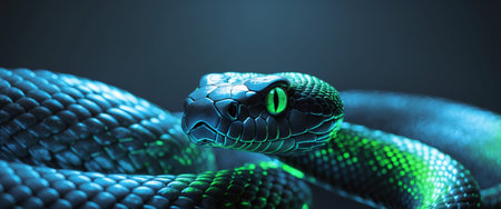 AI Generated. glowing snake with neon scales close up on blurred background technology security conceptの素材