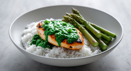 AI Generated. Grilled chicken breast with green sauce served over rice alongside asparagus on a white bowlの素材