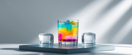 AI Generated. A glass of colorful liquid with ice cubes in itの素材