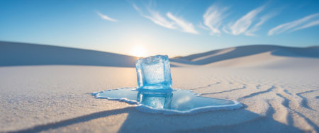 AI Generated. Ice Cube Melting on Desert Beach Global Warming Conceptの素材