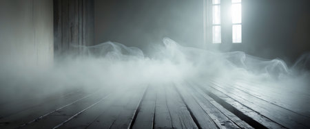 AI Generated. Mist drifts across a wooden floor creating a mysterious atmosphere in a dimly lit spaceの素材
