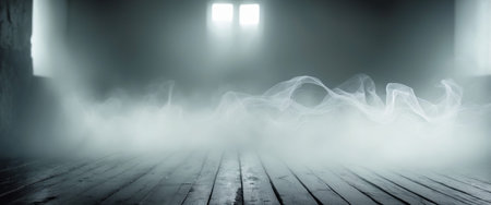 AI Generated. Mist drifts across a wooden floor creating a mysterious atmosphere in a dimly lit spaceの素材