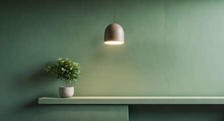 AI Generated. Modern Pendant Light Over Green Wall with Plant in Potの素材