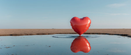 AI Generated. Red heart shaped balloon floating in water puddle reflecting the sky with clear empty space for text or logosの素材