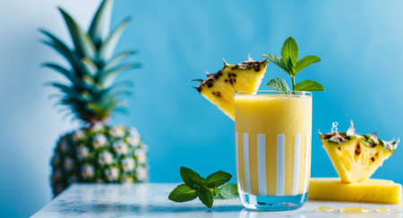 AI Generated. Refreshing Pineapple Smoothie with Tropical Flavor in a Bright Blue Settingの素材