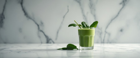 AI Generated. Glass of green smoothie with fresh spinach leaves on marble backgroundの素材