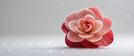 AI Generated. Dew Drops Adorn A Single Red Camellia Bloomの素材