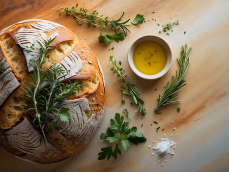AI Generated. Delicious Crusty Bread with Fresh Herbs and Olive Oilの素材