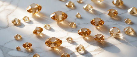 AI Generated. Golden gemstones and crystals sparkling on a marble surface create an elegant and luxurious display in natural lightの素材
