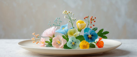 AI Generated. Colorful edible flowers on a ceramic plateの素材