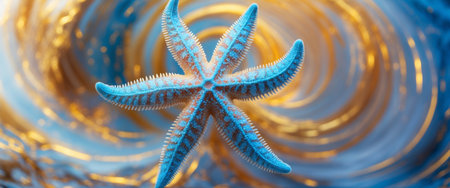 AI Generated. Colorful abstract starfish on gold and blue swirl backgroundの素材