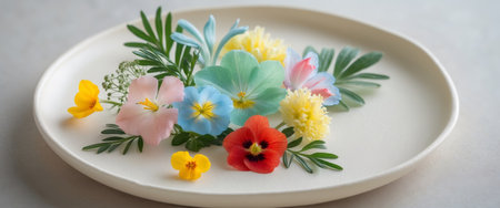 AI Generated. Colorful edible flowers on a ceramic plateの素材