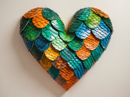 AI Generated. Colorful leather scales arranged in a heart shapeの素材