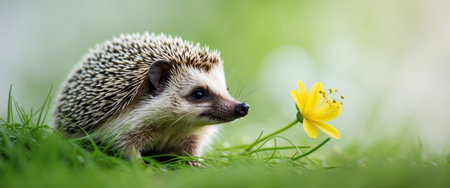 AI Generated. Closeup of a Small Hedgehog in Green Grass with a Yellow Flowerの素材