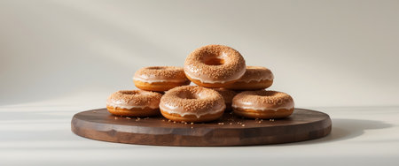 AI Generated. Close Up of Glazed Sesame Donuts on Dark Wood Boardの素材