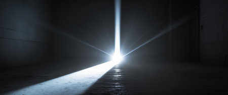 AI Generated. Bright beam of flashlight illuminating dark spaceの素材