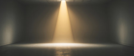 AI Generated. Bright beam of flashlight illuminating a dark room with golden lightの素材