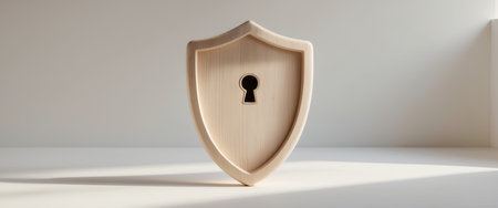 AI Generated. Wooden shield with keyhole symbolizing financial protection and securityの素材