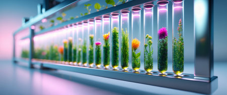 AI Generated. Colorful plants growing in test tubes illuminated by neon lights in a modern laboratory settingの素材
